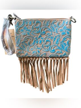 Justin Convertible Bag Wristlet Brown Embossed Leather Fringe Western Festival